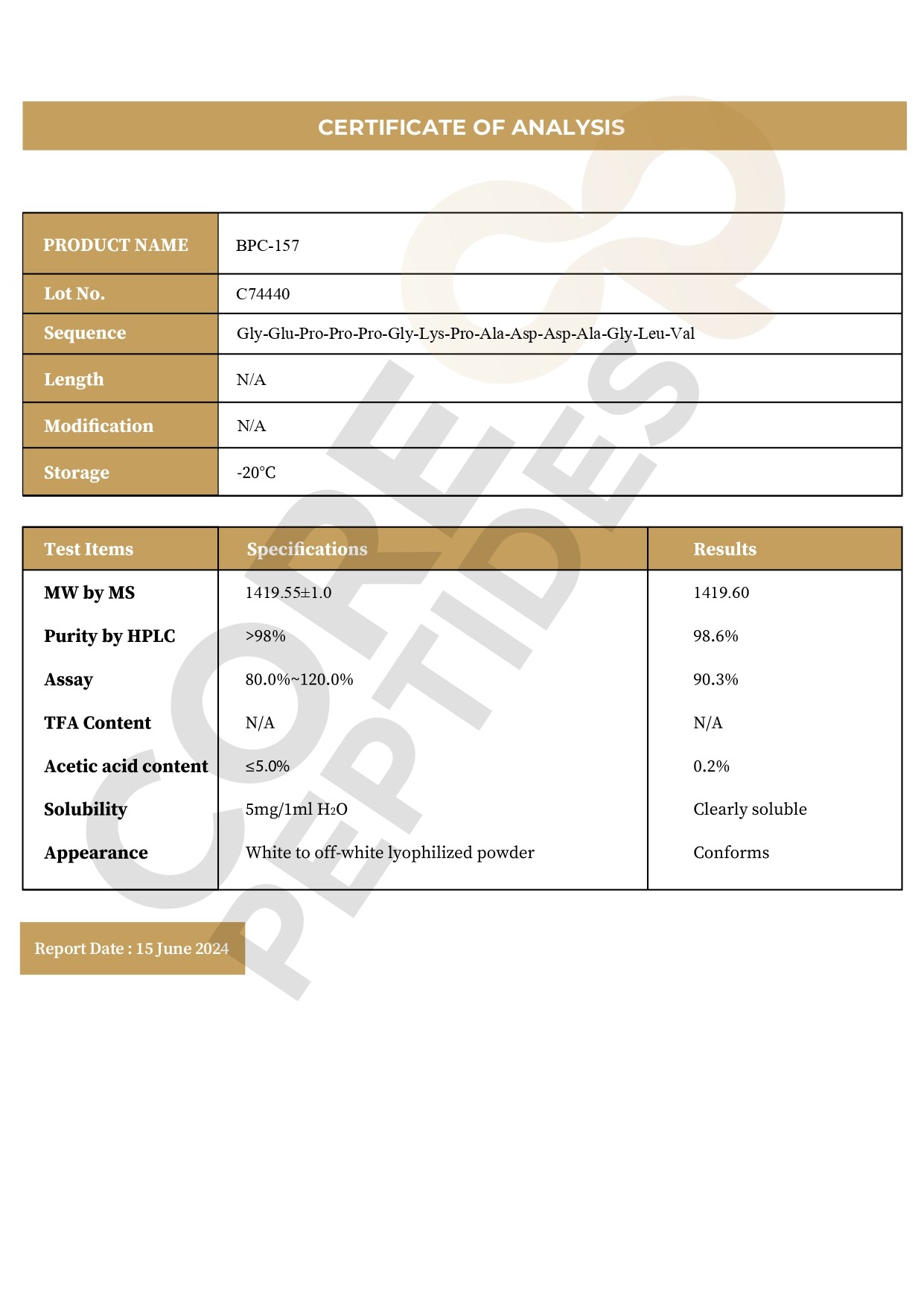 Certificate of Analysis BPC-157 - 10MG