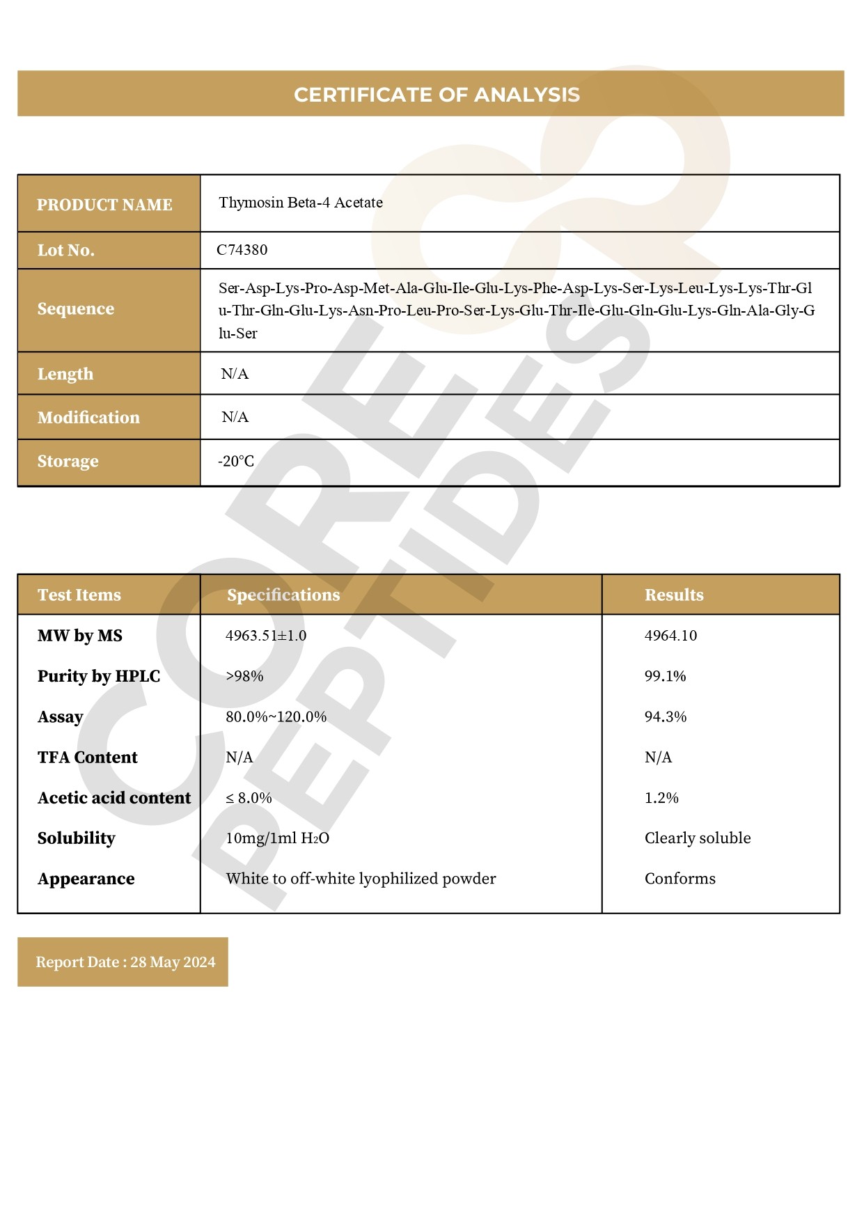 Certificate of Analysis TB-500 - 10MG